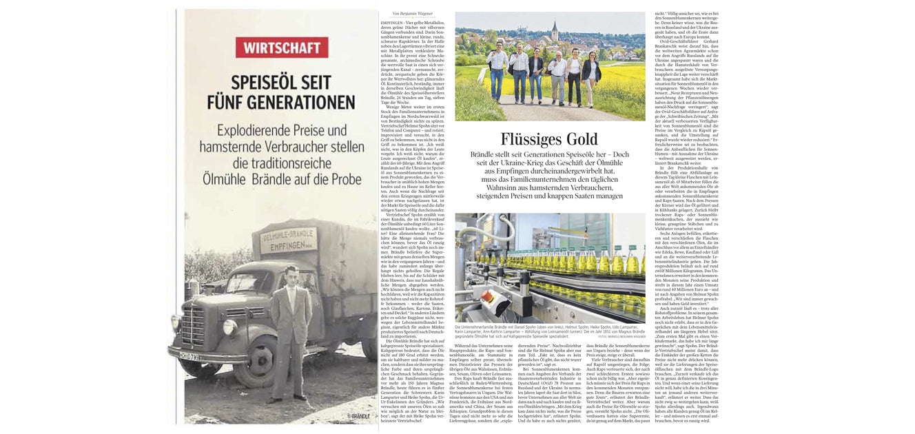 Zeitungsartikel in der Schwäbischen Zeitung über Brändle vom 2. Juli 2022