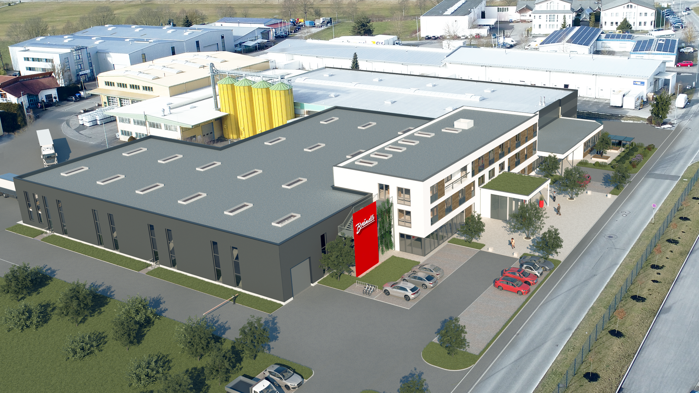 Auf einer 3D-Visualisierung sieht man den Neubau des Verwaltungsgebäudes und der Produktionshalle.