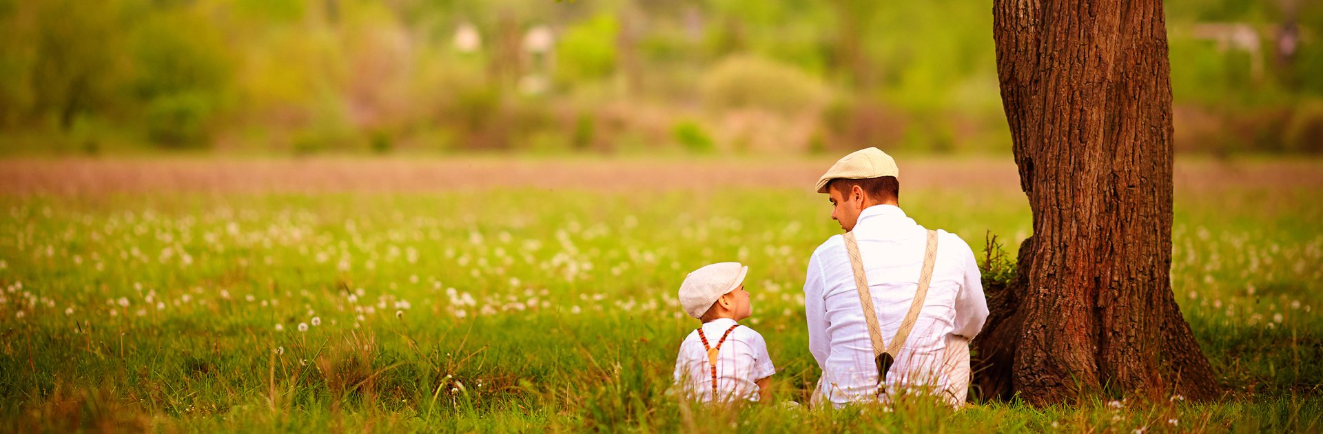 Son sits with father under large deciduous tree. Both can be seen from behind and are talking